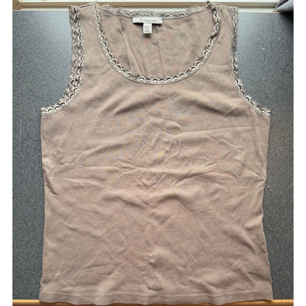 VTG Y2K Tank Top L Twilightcore Lace Trim Coquette Brown Cotton JM Collection
